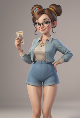 1girl,solo,breasts,looking at viewer,blush,smile,short hair,simple background,brown hair,shirt,hair ornament,long sleeves,ribbon,holding,brown eyes,jewelry,medium breasts,closed mouth,standing,collarbone,jacket,white shirt,earrings,open clothes,glasses,shorts,collared shirt,hair bun,lips,hand on hip,short shorts,double bun,neck ribbon,buttons,phone,denim,blue jacket,brown background,black-framed eyewear,blue shorts,denim shorts,yellow ribbon,card,high-waist shorts,thighs,nail polish,official alternate costume,thick eyebrows,cellphone,smartphone,holding phone,nose