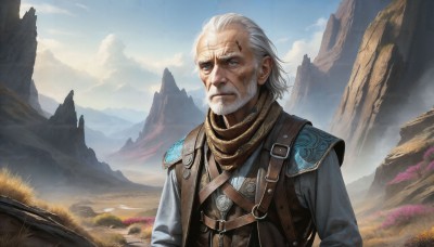 HQ,solo,blue eyes,long sleeves,1boy,closed mouth,upper body,white hair,male focus,outdoors,sky,day,cloud,scarf,armor,vest,blue sky,facial hair,scar,shoulder armor,scenery,beard,scar on face,mountain,realistic,scar across eye,old,old man,mountainous horizon,grey hair,lips,cloudy sky,grass,fantasy