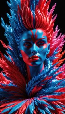 1girl,solo,looking at viewer,blue eyes,simple background,closed mouth,upper body,red hair,lips,makeup,colored skin,facial mark,feathers,black background,portrait,realistic,nose,blue skin,facepaint,red skin,orange skin,1boy,blue hair,male focus,clown