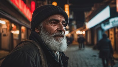 solo,1boy,hat,jacket,upper body,white hair,male focus,outdoors,multiple boys,solo focus,bag,blurry,black headwear,night,depth of field,blurry background,facial hair,beard,realistic,mustache,beanie,old,old man,looking at viewer,closed mouth,grey hair,from side,lips,coat,black jacket,scar,backpack,winter clothes