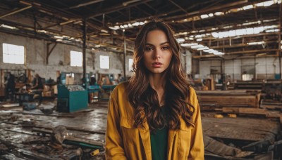 1girl,solo,long hair,looking at viewer,blue eyes,brown hair,shirt,brown eyes,jacket,upper body,parted lips,open clothes,solo focus,indoors,lips,wavy hair,realistic,green shirt,yellow jacket,blurry,scenery,yellow shirt,nose