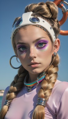 1girl,solo,long hair,breasts,looking at viewer,blue eyes,blonde hair,simple background,brown hair,shirt,jewelry,closed mouth,upper body,braid,earrings,choker,necklace,hair bun,blurry,twin braids,lips,eyelashes,bodysuit,makeup,blurry background,blue background,piercing,lipstick,portrait,hair over shoulder,forehead,eyeshadow,freckles,goggles on head,hoop earrings,realistic,nose,eyeliner,hair pulled back,mascara,multiple braids,hair ornament,medium breasts,green eyes,white shirt,hairband,outdoors,sky,day,artist name,mole,blue sky,depth of field,headband,facial mark,pink shirt,pink lips,hair tie,neck ring