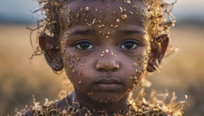 solo,looking at viewer,short hair,blue eyes,1boy,jewelry,closed mouth,male focus,earrings,dark skin,blurry,black eyes,dark-skinned female,lips,depth of field,blurry background,expressionless,piercing,dark-skinned male,portrait,androgynous,freckles,realistic,very short hair,gold,1girl,black hair,hair ornament,necklace,eyelashes,close-up,gold trim,nose