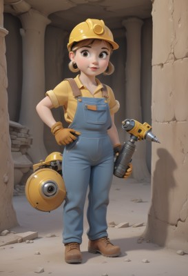 1girl,solo,looking at viewer,smile,short hair,brown hair,shirt,gloves,hat,holding,brown eyes,closed mouth,standing,full body,weapon,short sleeves,earrings,boots,shoes,collared shirt,lips,hand on hip,shadow,brown footwear,helmet,child,yellow shirt,overalls,yellow headwear,hardhat,blush,jewelry,parted lips,holding weapon,brown gloves,hoop earrings,nose,yellow gloves