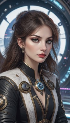 1girl,solo,long hair,breasts,looking at viewer,brown hair,cleavage,brown eyes,jewelry,medium breasts,closed mouth,green eyes,upper body,earrings,small breasts,necklace,lips,eyelashes,makeup,lipstick,realistic,nose,clock,red lips,bangs,jacket,forehead