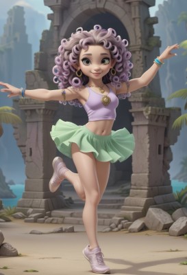 1girl,solo,long hair,breasts,looking at viewer,smile,skirt,navel,bare shoulders,brown eyes,jewelry,green eyes,standing,full body,pink hair,purple hair,pleated skirt,earrings,small breasts,outdoors,sky,shoes,day,pointy ears,midriff,artist name,signature,dark skin,miniskirt,water,necklace,bracelet,dark-skinned female,tree,lips,crop top,shadow,watermark,leg up,white footwear,standing on one leg,tank top,outstretched arms,green skirt,sneakers,armlet,curly hair,hoop earrings,rock,spread arms,bangle,armpits,bare legs,makeup,armband,pendant