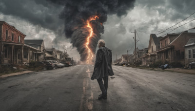 1boy, male focus, outdoors, sky, cloud, from behind, dutch angle, cloudy sky, fire, ground vehicle, building, motor vehicle, smoke, monster, car, road, house, power lines, street, utility pole, destruction