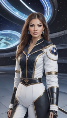 1girl,solo,long hair,breasts,looking at viewer,brown hair,gloves,brown eyes,jewelry,standing,cowboy shot,earrings,pants,fingerless gloves,armor,lips,bodysuit,makeup,gem,realistic,white pants,nose,arms at sides,space,planet,earth (planet),medium breasts,science fiction,white bodysuit