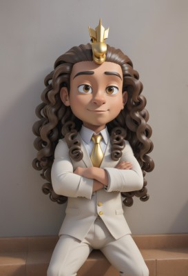 solo,long hair,looking at viewer,smile,brown hair,shirt,1boy,brown eyes,sitting,jacket,male focus,necktie,horns,pants,dark skin,formal,crossed arms,dark-skinned male,thick eyebrows,suit,crown,single horn,curly hair,white pants,yellow necktie,dreadlocks,white suit,long sleeves,closed mouth,white shirt,collared shirt,aged down,looking up,child,male child