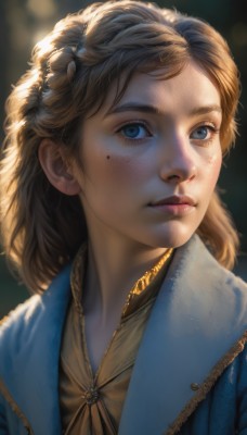 1girl,solo,long hair,looking at viewer,blue eyes,blonde hair,brown hair,closed mouth,upper body,braid,mole,blurry,lips,eyelashes,mole under eye,blurry background,portrait,freckles,curly hair,realistic,nose,bangs,jewelry,necklace,backlighting,blue coat,mole on cheek