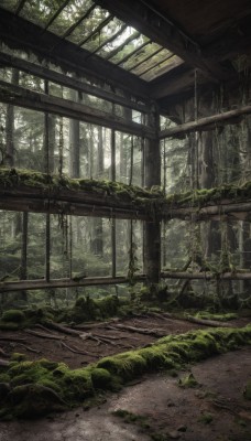 outdoors,day,tree,dutch angle,no humans,window,sunlight,grass,plant,nature,scenery,forest,rock,ruins,vines,moss,overgrown,post-apocalypse,broken window,indoors,green theme