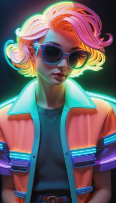 1girl,solo,short hair,blonde hair,shirt,jacket,closed eyes,upper body,pink hair,short sleeves,multicolored hair,parted lips,open clothes,belt,artist name,dark skin,orange hair,two-tone hair,open jacket,dark-skinned female,lips,black shirt,makeup,glowing,watermark,sunglasses,lipstick,black background,backlighting,nose,hands in pockets,round eyewear,tinted eyewear,breasts,looking at viewer,blue eyes,multicolored clothes,freckles,orange jacket,looking over eyewear,rainbow hair,blue-tinted eyewear