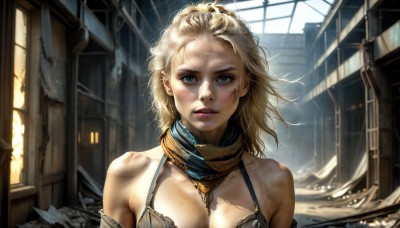 HQ,1girl,solo,long hair,breasts,looking at viewer,short hair,blue eyes,blonde hair,large breasts,cleavage,bare shoulders,jewelry,medium breasts,underwear,upper body,parted lips,necklace,scarf,bra,lips,makeup,messy hair,injury,realistic,nose,ruins,dirty,bruise,dirty face,open mouth,teeth,day,window,sunlight