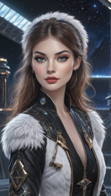 1girl,solo,long hair,breasts,looking at viewer,blue eyes,brown hair,cleavage,jewelry,medium breasts,closed mouth,jacket,upper body,hairband,earrings,small breasts,sky,necklace,lips,coat,grey eyes,fur trim,eyelashes,makeup,night,lipstick,pendant,realistic,nose,red lips,smile,bangs,green eyes,parted lips,open clothes,artist name,open jacket,parted bangs,wavy hair,forehead,eyeshadow,zipper,freckles,unzipped,eyeliner