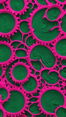 solo,no humans,green theme,gears,abstract,1girl,pink background,ringed eyes,colorful,surreal,abstract background,eye focus