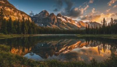 outdoors,sky,day,cloud,water,tree,blue sky,no humans,sunlight,cloudy sky,grass,nature,scenery,forest,reflection,sunset,mountain,fantasy,river,landscape,lake,reflective water