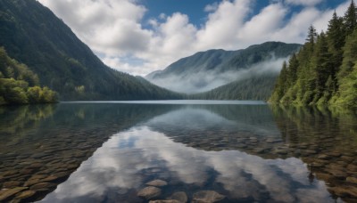 outdoors,sky,day,cloud,water,tree,blue sky,no humans,cloudy sky,grass,nature,scenery,forest,reflection,mountain,road,river,landscape,lake,path,reflective water,rock,mountainous horizon,fog