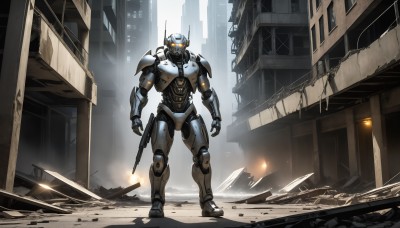 HQ,solo,1boy,standing,weapon,outdoors,armor,gun,no humans,glowing,fire,robot,building,mecha,rifle,science fiction,city,realistic,ruins,damaged,open hands,power armor,looking at viewer,holding,male focus,holding weapon,orange eyes,helmet,holding gun,glowing eyes,1other,handgun,humanoid robot