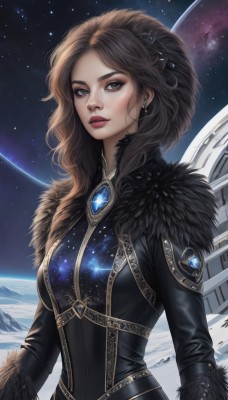 1girl,solo,long hair,breasts,looking at viewer,brown hair,long sleeves,dress,brown eyes,jewelry,medium breasts,upper body,earrings,parted lips,sky,black dress,lips,grey eyes,fur trim,makeup,lipstick,gem,star (sky),starry sky,red lips,space,planet,earth (planet),artist name,bodysuit,realistic,nose,black bodysuit,feather trim