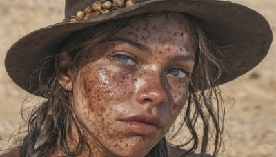 1girl,solo,long hair,looking at viewer,blue eyes,brown hair,black hair,hat,closed mouth,braid,blurry,lips,grey eyes,blurry background,portrait,freckles,realistic,nose,brown headwear,dirty,cowboy hat,dirty face,black headwear