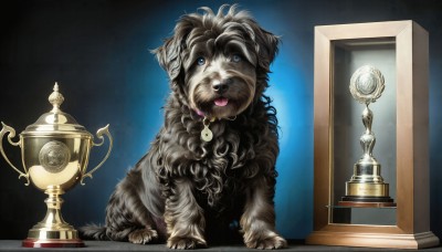 HQ,solo,open mouth,blue eyes,tongue,indoors,tongue out,collar,no humans,animal,dog,door,lamp,animal focus,lock,padlock,looking at viewer,sitting,fangs,blue background,mirror,chess piece