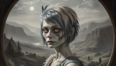 1girl,solo,looking at viewer,short hair,black hair,hair ornament,blue hair,yellow eyes,multicolored hair,outdoors,sky,solo focus,cloud,tree,lips,blood,makeup,moon,cloudy sky,grass,feathers,portrait,nature,full moon,forest,reflection,blood on face,mirror,mountain,realistic,nose,red lips,facepaint,fur trim,scenery,silhouette,hill