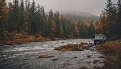 outdoors,sky,day,water,tree,no humans,grass,ground vehicle,nature,scenery,motor vehicle,snow,forest,rock,mountain,car,road,vehicle focus,river,landscape,truck,cloud,cloudy sky,pine tree