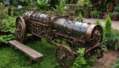 flower,outdoors,day,no humans,grass,plant,scenery,potted plant,bush,vehicle focus,overgrown,garden,steampunk,tree,leaf,ground vehicle,motor vehicle,wheel,tire