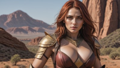 1girl,solo,long hair,breasts,looking at viewer,large breasts,brown hair,cleavage,brown eyes,jewelry,closed mouth,upper body,earrings,outdoors,parted lips,day,armor,blurry,lips,blurry background,shoulder armor,pauldrons,mountain,realistic,bikini armor,sky,necklace,blue sky,depth of field,rock,cliff