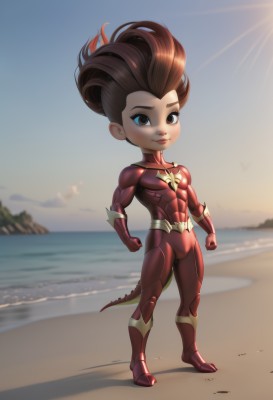 1girl,solo,long hair,looking at viewer,smile,brown hair,brown eyes,closed mouth,standing,tail,full body,outdoors,sky,day,chibi,armor,blurry,lips,bodysuit,makeup,muscular,blurry background,ocean,beach,abs,skin tight,clenched hands,sunset,sand,sun,muscular female,superhero,red bodysuit,gloves,1boy,male focus,boots