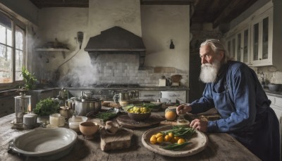 solo,shirt,long sleeves,1boy,holding,sitting,white hair,grey hair,male focus,food,day,indoors,apron,cup,window,fruit,facial hair,chair,table,sunlight,blue shirt,knife,plant,steam,beard,plate,bowl,realistic,spoon,mustache,basket,potted plant,old,old man,cooking,ladle,kitchen,lemon,vegetable,sink,counter,stove,cutting board,onion,standing,from side,bottle,scenery,apple,holding knife,carrot,wall,jar,faucet,potato,kitchen knife,wrinkled skin,radish