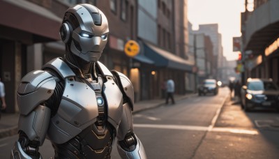 blue eyes,1boy,upper body,male focus,outdoors,solo focus,armor,blurry,blurry background,glowing,robot,ground vehicle,building,mecha,glowing eyes,motor vehicle,science fiction,city,sign,car,road,police,cyborg,street,road sign,power armor,humanoid robot,traffic light,day,depth of field,android,robot joints,cyberpunk