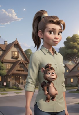 1girl,solo,long hair,breasts,looking at viewer,blush,smile,brown hair,shirt,holding,brown eyes,standing,white shirt,ponytail,cowboy shot,small breasts,outdoors,sky,day,collared shirt,pants,cloud,tree,blue sky,lips,animal,thick eyebrows,high ponytail,denim,building,sleeves rolled up,freckles,walking,jeans,sign,arms at sides,sun,road,house,street,road sign,blue pants