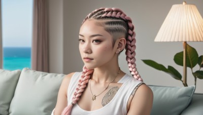 1girl,solo,long hair,breasts,looking at viewer,shirt,cleavage,brown eyes,jewelry,medium breasts,collarbone,white shirt,upper body,pink hair,braid,multicolored hair,earrings,parted lips,indoors,necklace,black eyes,twin braids,two-tone hair,lips,pillow,tattoo,gradient hair,makeup,ocean,piercing,tank top,plant,couch,eyeshadow,freckles,realistic,nose,hair behind ear,lamp,arm tattoo,undercut,white tank top,neck tattoo,brown hair,dark skin,mole,dark-skinned female,looking to the side,window