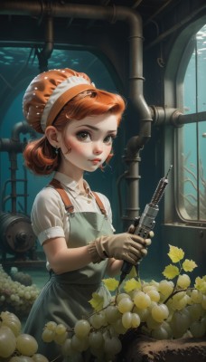 1girl,solo,looking at viewer,short hair,brown hair,shirt,gloves,dress,holding,brown eyes,jewelry,white shirt,weapon,short sleeves,hairband,earrings,food,puffy sleeves,indoors,hair bun,holding weapon,orange hair,apron,puffy short sleeves,lips,gun,fruit,single hair bun,holding gun,brown gloves,handgun,freckles,fish,overalls,potato,blush,standing,red hair,collared shirt,leaf,underwater,lemon