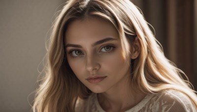 1girl,solo,long hair,looking at viewer,blonde hair,brown hair,shirt,brown eyes,closed mouth,white shirt,mole,blurry,lips,eyelashes,blurry background,portrait,forehead,freckles,realistic,nose,mole on cheek,jewelry,earrings,artist name,depth of field,wavy hair,thick eyebrows,close-up