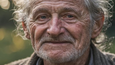 solo,looking at viewer,1boy,closed mouth,white hair,male focus,blurry,grey eyes,blurry background,facial hair,portrait,beard,close-up,realistic,mustache,manly,old,old man,wrinkled skin,smile,grey hair,signature,depth of field,scar,scar on face,nose,scar across eye,bokeh