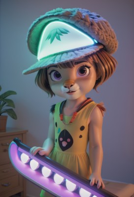 1girl,solo,looking at viewer,blush,smile,short hair,bangs,brown hair,hat,dress,holding,brown eyes,jewelry,purple eyes,parted lips,teeth,sleeveless,indoors,bracelet,glowing,plant,child,freckles,straw hat,female child,potted plant,open mouth,flat chest,sleeveless dress,leaf,furry,green dress,furry female,yellow dress,drawer,buck teeth