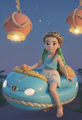 1girl,solo,long hair,looking at viewer,smile,brown hair,shirt,hair ornament,bare shoulders,brown eyes,sitting,closed mouth,full body,braid,multicolored hair,outdoors,green hair,shorts,teeth,sleeveless,dark skin,twin braids,flat chest,dark-skinned female,lips,bare arms,night,brown footwear,sandals,tank top,aged down,blue shirt,child,rope,lantern,white shorts,female child,riding,skirt,jewelry,very long hair,green eyes,earrings,sky,artist name,toes,watermark,blue background,sitting on object