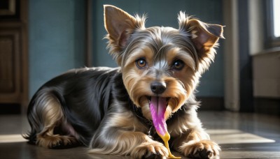 HQ,solo,looking at viewer,open mouth,brown eyes,tongue,indoors,signature,tongue out,blurry,no humans,window,saliva,depth of field,blurry background,animal,fangs,cat,dog,realistic,animal focus,full body,teeth,door,long tongue