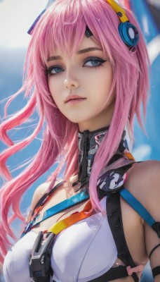 1girl,solo,long hair,breasts,looking at viewer,bangs,blue eyes,bare shoulders,medium breasts,closed mouth,upper body,pink hair,sky,day,artist name,blurry,lips,wet,makeup,blurry background,headgear,realistic,strap,hair ornament,eyelashes,expressionless,portrait,eyeshadow,science fiction,pink lips