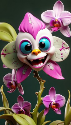 solo,looking at viewer,smile,open mouth,blue eyes,simple background,full body,flower,:d,teeth,gradient,gradient background,no humans,bird,leaf,plant,green background,creature,bug,realistic,horror (theme)