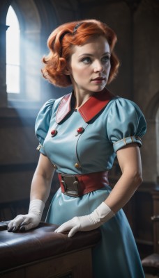 1girl,solo,breasts,short hair,blue eyes,brown hair,hair ornament,gloves,dress,medium breasts,standing,short sleeves,hairband,parted lips,puffy sleeves,belt,indoors,white gloves,signature,orange hair,puffy short sleeves,lips,window,makeup,buttons,blue dress,looking away,table,freckles,curly hair,realistic,nose,red hair