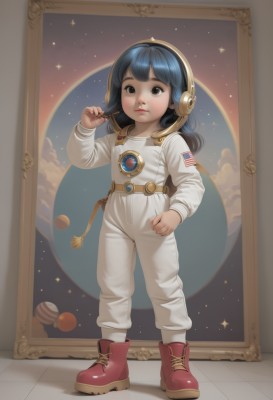 1girl,solo,long hair,looking at viewer,black hair,long sleeves,brown eyes,blue hair,standing,full body,boots,star (symbol),black eyes,lips,headphones,red footwear,child,star (sky),reflection,mirror,realistic,female child,space,planet,american flag,spacesuit,shoes,overalls