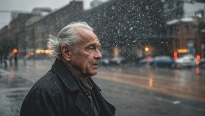 solo,1boy,jacket,upper body,white hair,male focus,outdoors,blurry,from side,coat,profile,depth of field,blurry background,facial hair,ground vehicle,motor vehicle,snow,snowing,realistic,car,manly,old,old man,short hair,shirt,closed mouth,grey hair,lips,black jacket,night,building,nose,road,wrinkled skin