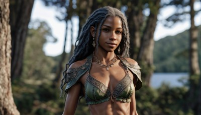 1girl,solo,long hair,breasts,looking at viewer,blue eyes,black hair,cleavage,jewelry,medium breasts,upper body,bikini,multicolored hair,earrings,outdoors,dark skin,necklace,armor,blurry,dark-skinned female,tree,lips,blurry background,shoulder armor,nature,forest,pauldrons,realistic,bikini armor,very dark skin,dreadlocks,smile,brown eyes,underwear,swimsuit,day,bra,abs,sunlight,toned,green bikini,dappled sunlight,green bra