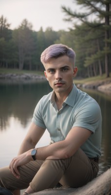 solo,looking at viewer,short hair,blue eyes,shirt,1boy,sitting,white shirt,short sleeves,grey hair,male focus,outdoors,collared shirt,belt,pants,water,blurry,tree,dress shirt,blurry background,facial hair,nature,beard,forest,watch,realistic,mustache,wristwatch,brown pants,old,old man,river,photo background,arm hair,closed mouth,day,artist name,blue shirt,stubble,lake,log