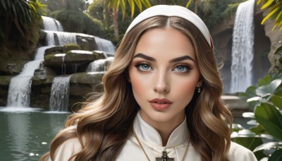 1girl,solo,long hair,looking at viewer,blue eyes,blonde hair,brown hair,jewelry,flower,hairband,earrings,outdoors,day,water,necklace,tree,lips,eyelashes,wavy hair,cross,plant,portrait,forehead,realistic,nose,nun,cross necklace,waterfall,bangs,hat,parted lips,teeth,makeup,leaf,thick eyebrows,nature,red lips,cross earrings