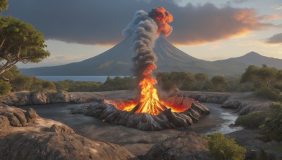 outdoors,sky,cloud,water,tree,no humans,cloudy sky,fire,nature,scenery,forest,smoke,sunset,rock,mountain,river,landscape,mountainous horizon,burning,molten rock,day,blue sky,grass