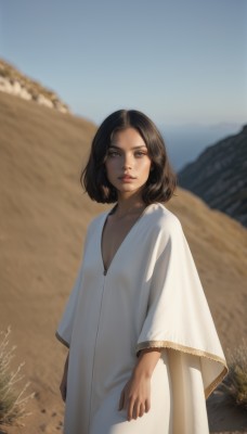 1girl,solo,looking at viewer,short hair,brown hair,black hair,long sleeves,dress,brown eyes,closed mouth,standing,cowboy shot,outdoors,parted lips,sky,day,wide sleeves,medium hair,white dress,blurry,flat chest,blue sky,lips,blurry background,robe,realistic,field,breasts,bangs,jewelry,collarbone,earrings,small breasts,artist name,signature,dark skin,dark-skinned female,parted bangs,depth of field,forehead,nose,arms at sides,desert